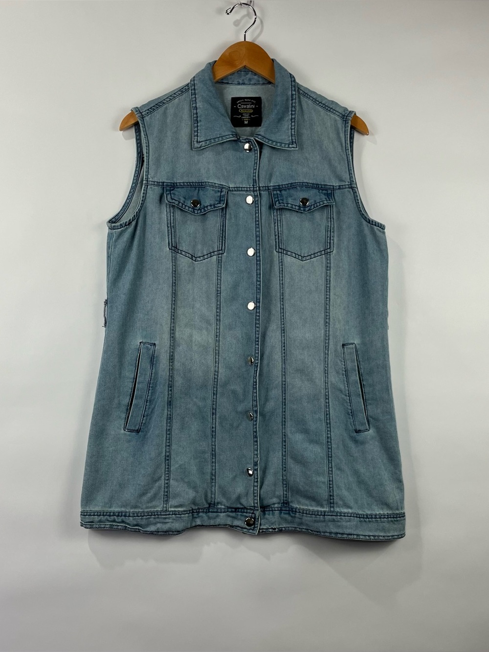 Cavalini Cotton Blend Longline Denim Vest Metal Snaps Pockets Layering M